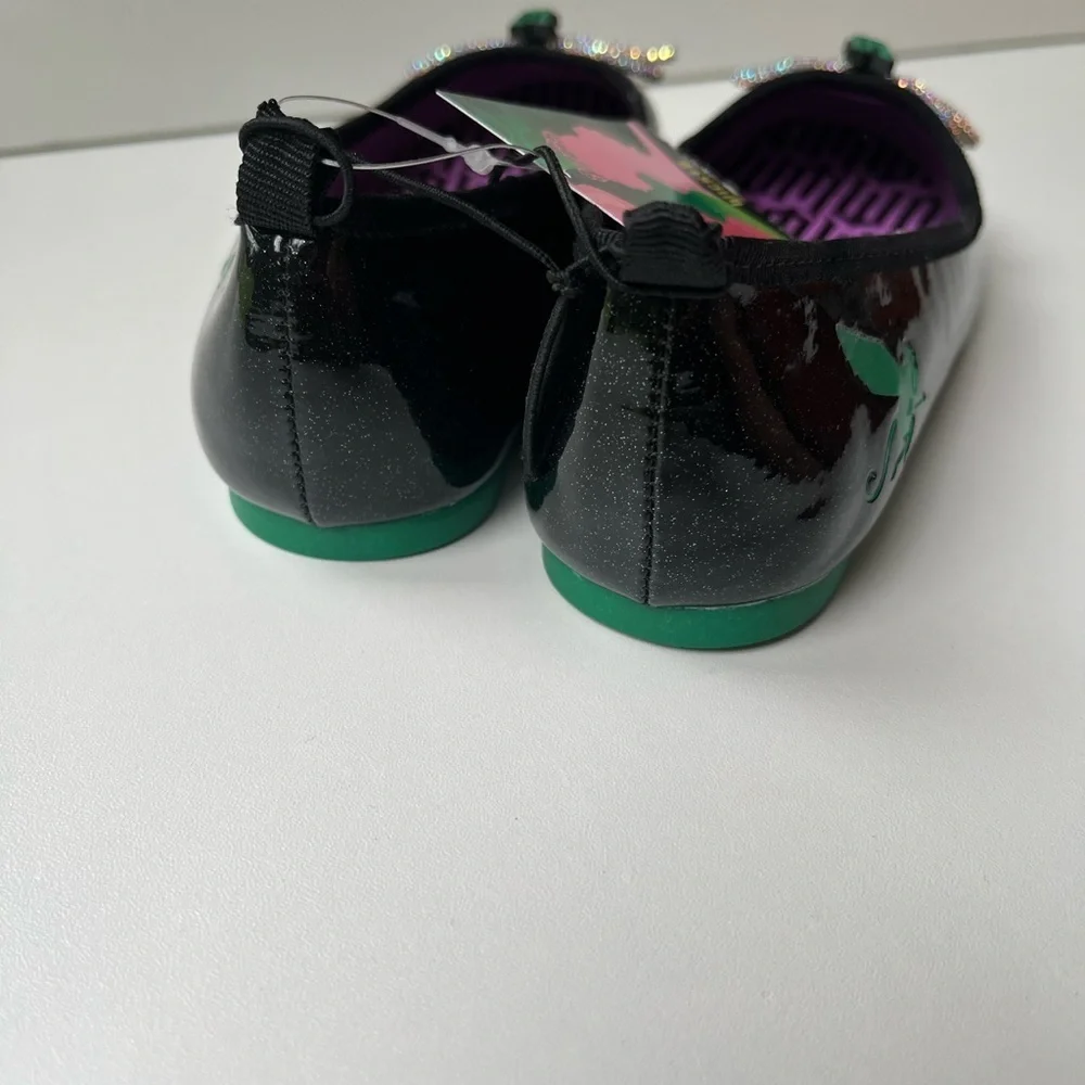 NEW Wicked Black + Purple Ballet Flats Girls Size 3 with faux diamond bow +logo